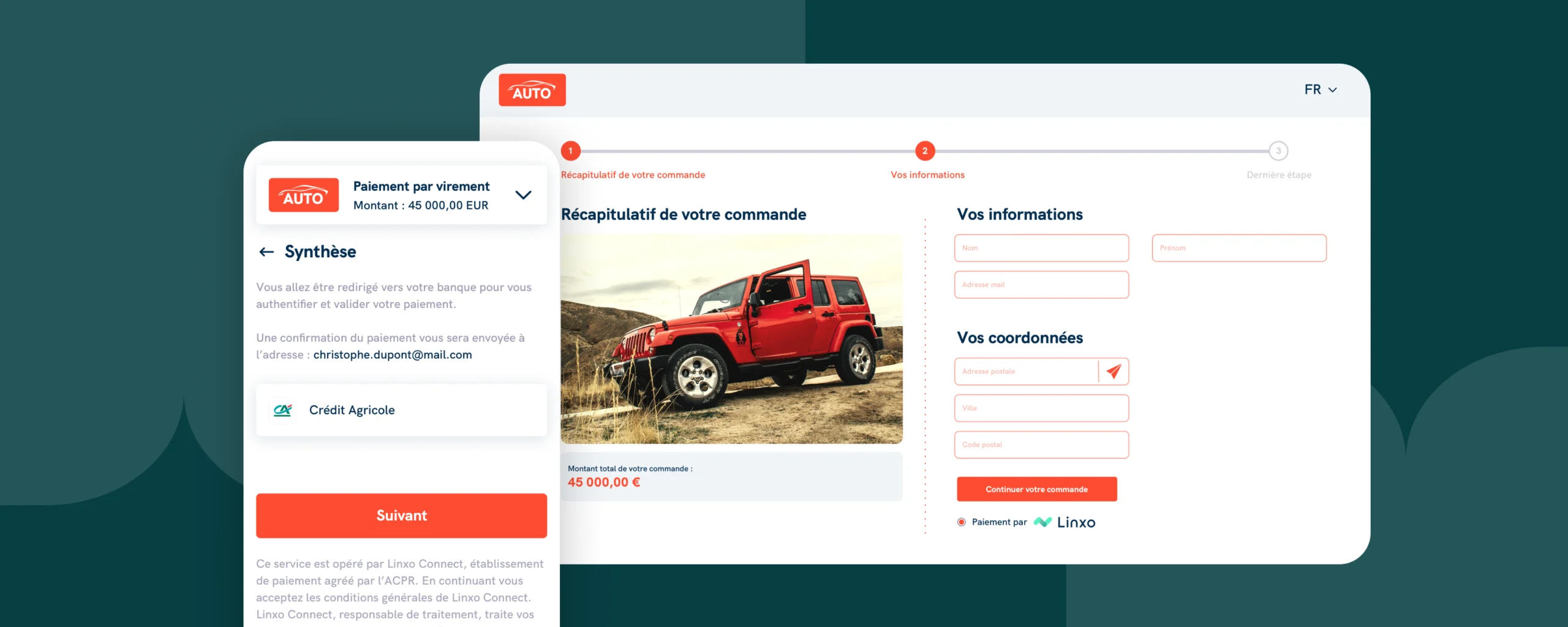 Screens de dashboard de la solution Linxo Payments pour les clients d'un concessionnaire automobile pour un paiement voiture.