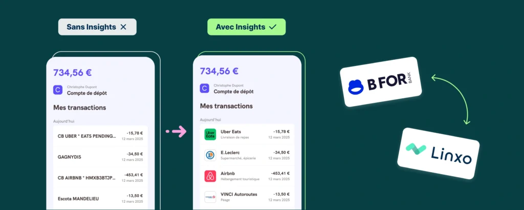 Screen des transactions bancaire avant et après l'enrichissement des libellés bancaires avec la solution Linxo Insights par BforBank.