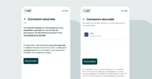 Deux screens de l'étape où le client d'un Conseillers en Gestion Patrimoine veut ajouter un compte bancaire et qu'il a une liste d’établissements financiers qui lui est proposée. 
