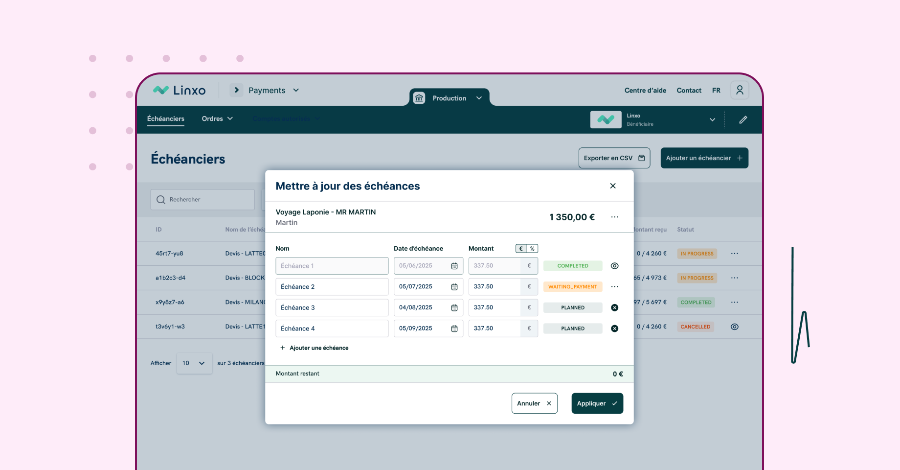 Échéanciers de paiement : dashboard